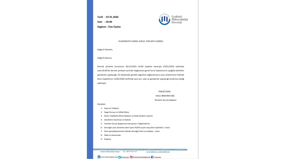 Olağanüstü Genel Kurul Toplantısı Duyurusu